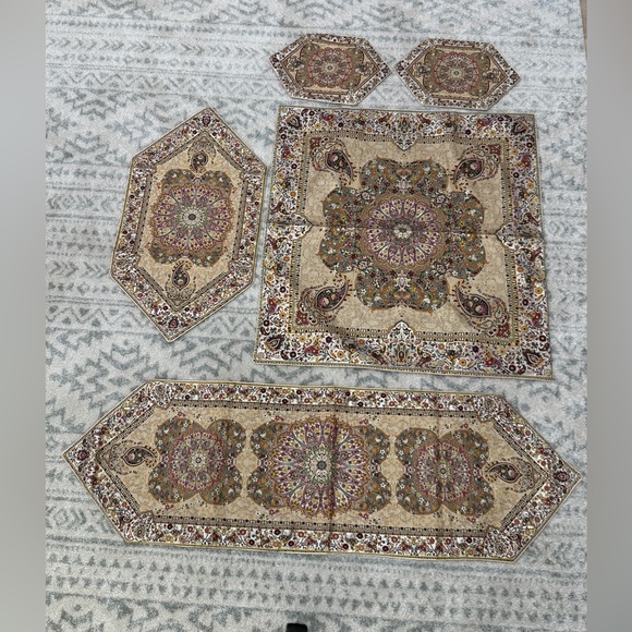 Termeh Yazd Other - Persian Termeh 5Pc Table Set Runners Tablecloth Placemats Luxury Decor